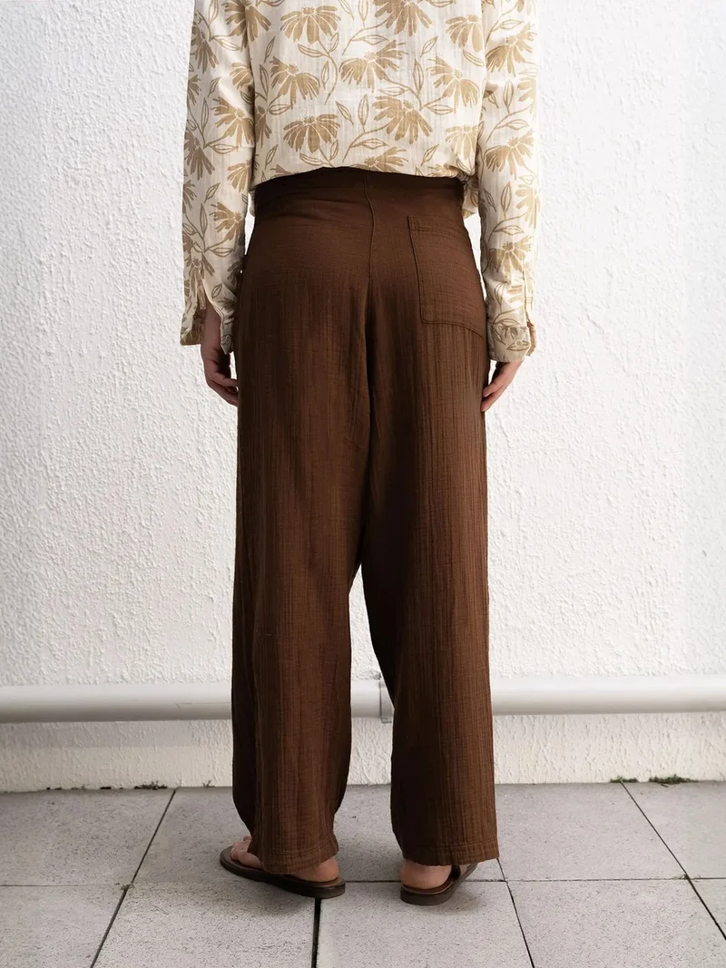 Giesto Beaver Brown GIESTO Textured Wide Leg High Waist Pants with Drawstring for Men | Best Price UAE